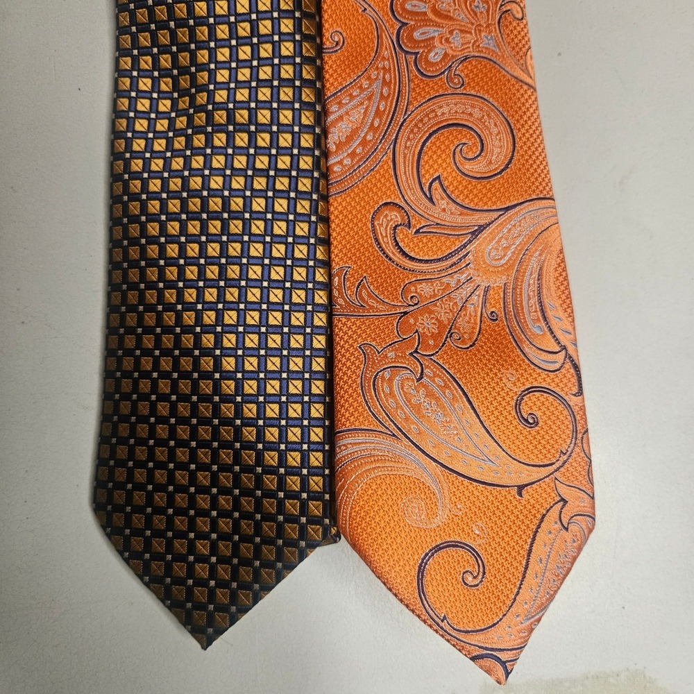 Barry Wang Mens Silk Tie Lot 2 Orange Paisley Gold Navy Blue Geometric Squares